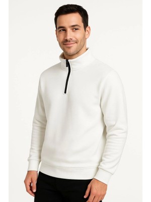 Venera Butik Erkek Dik Yaka Sweatshirt Dik Yaka Yarım Fermuarlı 3 Iplik Şardonlu Pamuk Kumaş - Beyaz