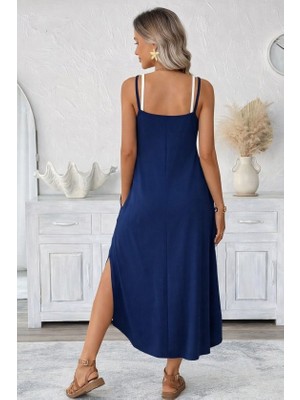 Venera Butik Kadın Ip Askılı Yuvarlak Yakalı Cepli Uzun Viskon Elbise