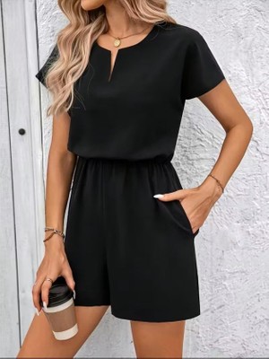 Venera Butik Kadın Kısa Kollu V Yakalı Beli Lastikli Kısa Ithal Krep Tulum