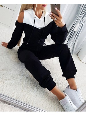 Venera Butik Kadın Uzun Kollu Omuzlardan Açık Kapşonlu Bağcıklı Çift Renkli Viskon Iki Iplik Bluz ve Pantolon Ikili Takım
