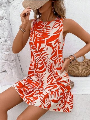 Venera Butik Kadın Sıfır Kollu Bisiklet Yakalı Fırfırlı Desenli Sofya Elbise