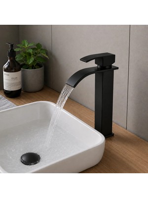 Ralken Kare Çanak Lavabo Bataryası Mat Siyah – Yüksek Musluk Şelale Akışlı Kare Gövde Modern Uzun Banyo Musluğu | Çift Su Girişli Çanak Lavabo Musluğu