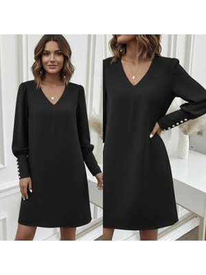 Venera Butik Kadın Uzun Kollu V Yakalı Kısa Ithal Krep Elbise
