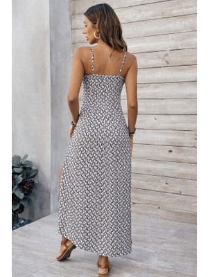 Venera Butik Kadın Ip Askılı V Yakalı Yırtmaçlı Uzun Süprem Elbise