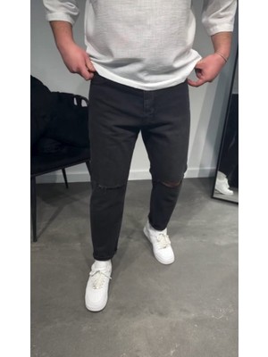 Venera Butik Erkek Siyah Dizi Yırtık Boyfriend Jean