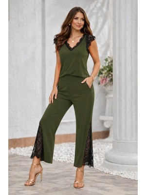 Venera Butik Kadın Kısa Kollu V Dantel Yakalı Sandy Bluz Pantolon Ikili Takım