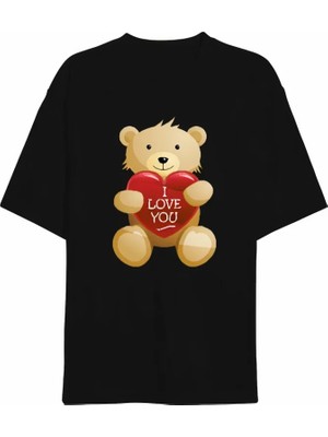 Venera Butik 14 Şubat Sevgililer Günü I Love You Ayı Baskılı Oversize Bisiklet Yaka T-Shirt - Siyah