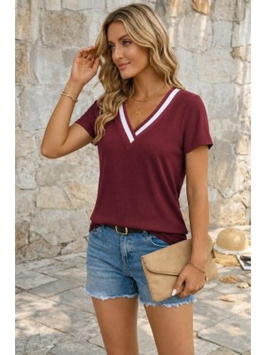 Venera Butik Kadın Kısa Kollu V Yakalı Bürümcük Bluz