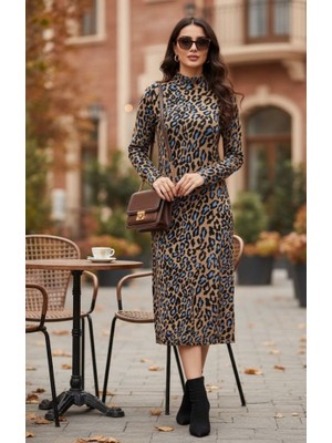 Venera Butik Kadın Uzun Kollu Balıkçı Yaka Leopar Desenli Midi Boy Elbise