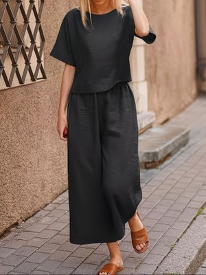 Venera Butik Kadın Kısa Kollu Kayık Yakalı Bluz ve Pantolon Ikili Takım