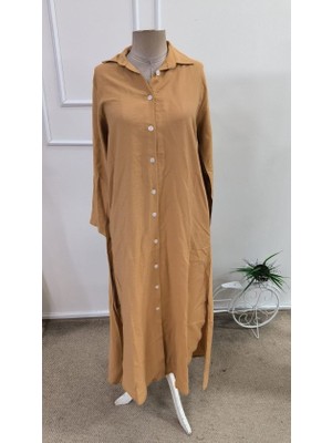 Venera Butik Kadın Uzun Kollu Yakalı Önden Düğmeli Geniş Kesim Detaylı Uzun Elbise