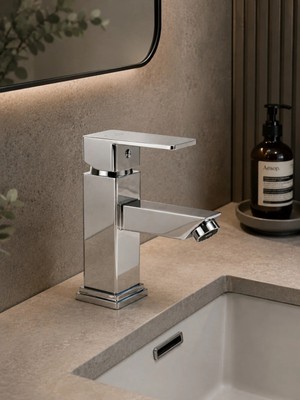 Ralken Krom Kare Lavabo Bataryası | %100 Pirinç | Kare Tip Gövde | Çift Su Girişli | Aç - Kapa | %100 Pirinç Ağır Gövde | Modern Lüx Sabit Lavabo Musluğu