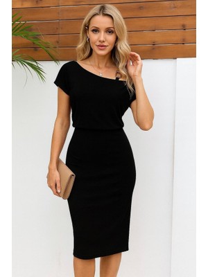 Venera Butik Kadın Kısa Kollu Tek Omuz Askı ve Aksesuar Detay Beli Lastikli Krep Elbise
