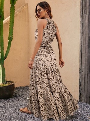 Venera Butik Kadın Kolsuz Halter Yaka Beli Lastiklileopar Desenli Mikro Elbise