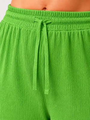 Venera Butik Battal Beden Bürümcük Kumaş Beli Lastikli Bağcıklı Bol Paça Palazzo Pantolon - Yeşil