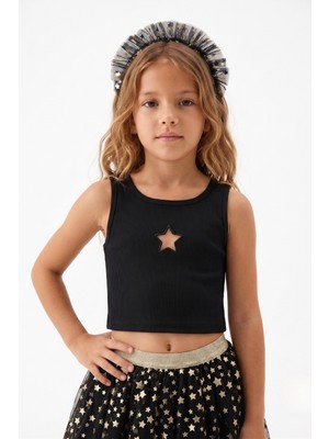Le Mabelle Siyah  Yıldız Nakışlı Fitilli Askılı Kız Çocuk Crop Bluz - Cindy