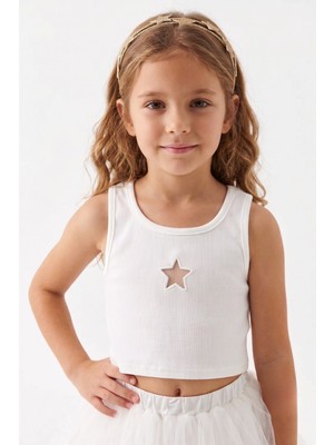 Le Mabelle Beyaz  Yıldız Nakışlı Fitilli Askılı Kız Çocuk Crop Bluz - Cindy