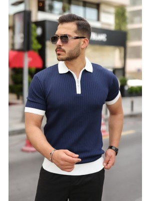 Venera Butik Erkek Yaka ve Kol Detaylı Fermuar Yakalı Çizgi Desen Kısa Kollu Triko Tişört