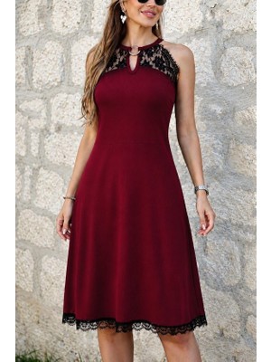 Venera Butik Kadın Omuzlardan Açık Yakadan Halka Aksesuar Detaylı Dantel Midi Viskon Elbise