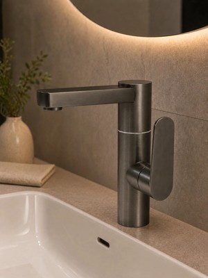 Ralken Modern Silva Lavabo Bataryası | Inox Renk | 360 Derece Döner Borulu Lavabo Musluğu | Çift Su Girişli Batarya