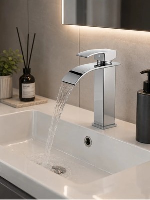 Ralken Lüx Kare Lavabo Bataryası Krom – Şelale Akışlı Kare Gövde Modern Banyo Musluğu | Çift Su Girişli Lavabo Musluğu