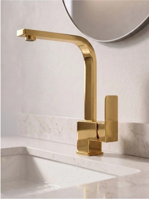 Ralken Kare Model Gold Altın Banyo Lavabo Bataryası Musluğu - %100 Pirinç, Paslanmaz, Ağır Gövde