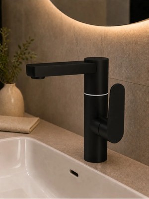 Ralken Modern Silva Lavabo Bataryası | Siyah | 360 Derece Döner Borulu Lavabo Musluğu | Çift Su Girişli Batarya