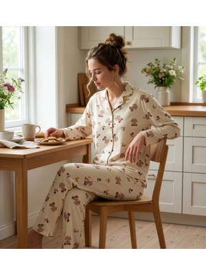 Pijamoni Kadın Premium Milan Kumaş Gömlek Yaka Uzun Kollu Pijama Takımı