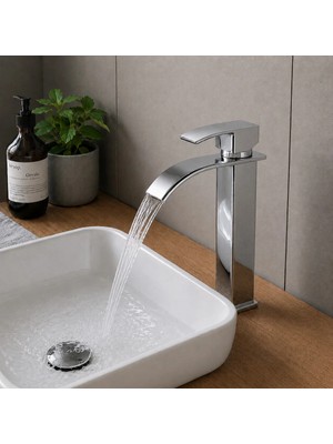 Ralken Kare Çanak Lavabo Bataryası Krom – Yüksek Musluk Şelale Akışlı Kare Gövde Modern Uzun Banyo Musluğu | Çift Su Girişli Çanak Lavabo Musluğu