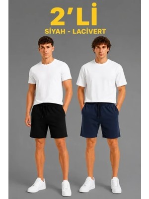 Uslucan Alışveriş Erkek 2li Pamuklu Şort 3 Iplik Şardonsuz Cepli Lastikli Bağcıklı Regular Fit - Siyah - Lacivert