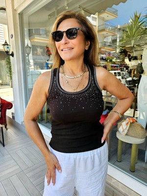 Qu Style U Yaka Yakası Taşlı Sarı Pamuk Bluz