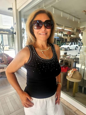 Qu Style U Yaka Yakası Taşlı Sarı Pamuk Bluz