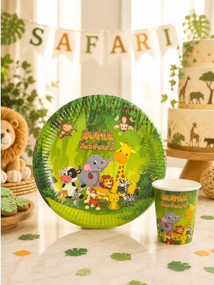 Parti Adresi Safari Temalı Karton Tabak ve Bardak Seti – Doğum Günü Parti Seti 8'li