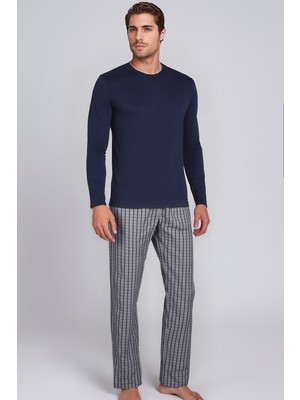 Kom Dıego Nakışlı Ekose Desenli Pijama Takımı