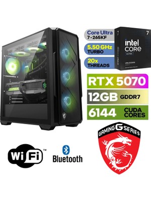 MSI Şafak-Gaming Pc Intel Core Ultra 7 265KF Yapay Zeka Destekli 16GB Ddr5 Ram Rtx 5070 12GB 1tb M.2 SSD 240MM Sıvı Soğutma Win 11 Pro Wi-Fi Masaüstü Oyuncu Bilgisayarı