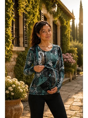 Perla Blanca Yeşil Siyah Tonlar Uzun Kol Hamile Emzirme Bluz %95 Viskose Esnek Kumaş