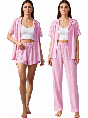 Divinus Pembe Çizgili Ev Giyimi 6 Lı Set (Pantalon/şort/bluz/büstiyer/çorap/toka)