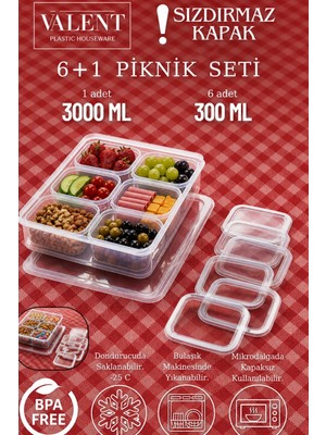 Valent 7 Parça Kahvaltılık 6ARTI1 Sızdırmaz Saklama Kabı 3000ML X1 300ML X6 - Şeffaf Buzdolabı Düzenleyici
