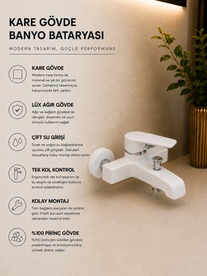 Ralken Beyaz Kare Banyo Bataryası | %100 Pirinç | Kare Tip Gövde | Aç - Kapa | Ağır Gövde | Lüx Kare Banyo Duş Musluğu