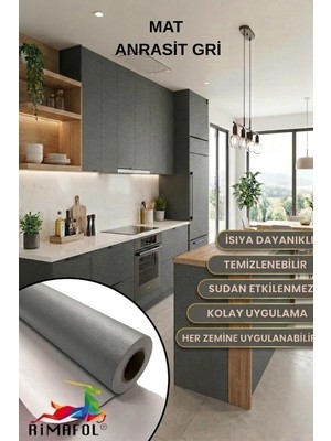Rimafol Mat Antrasit Gri Yapışkanlı Folyo Mutfak Dolap ve Mobilya Kaplama Folyosu 61CMX3METRE