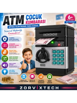 Zorvix Tech Atm Çocuk Kumbarası Şifreli Elektronik Para Kasası Otomatik Banknot Çekme