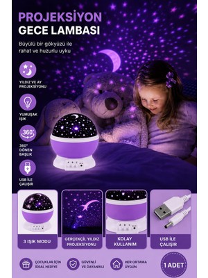Btm Home Projeksiyon Gece Lambası - Renkli LED Çocuk Odası Tavan Yansıtan Mor Masa Gece Lambası