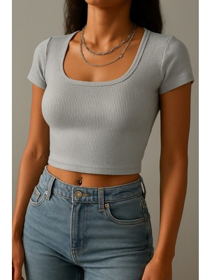 Öz Pamuk Fitilli Pamuklu Kumaş Örme Kare Yaka Crop T-Shirt Bluz