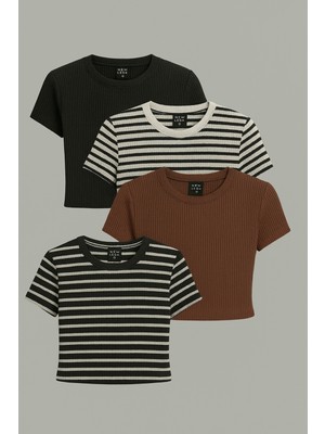 Öz Pamuk Kadın 4 Lü Adet Fitilli %100 Pamuklu Bisiklet Yaka Örme   Crop T-Shirt