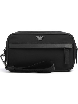 Emporio Armani Erkek Metalik Armani Kartal Logolu Fermuarlı Ön ve Arka Cepli Siyah El Çantası EM001811 AF28784-UC001
