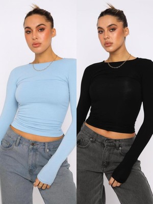 Öz Pamuk Bisiklet Yaka Basic Düz Kumaş Uzun Kollu Likralı Bluz