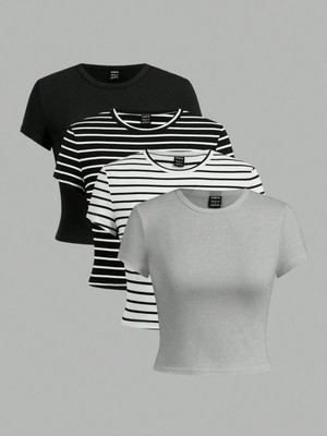 Öz Pamuk Kadın 4 Lü Adet Fitilli %100 Pamuklu Bisiklet Yaka Örme   Crop T-Shirt