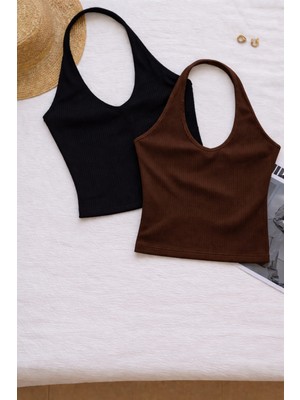 Öz Pamuk Kadın Çapraz Halter Yaka Kolsuz 2 Li Fitilli Crop Basıc Atlet Bluz