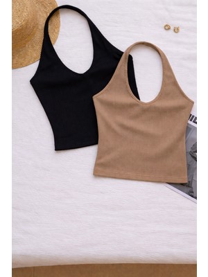 Öz Pamuk Kadın Çapraz Halter Yaka Kolsuz 2 Li Fitilli Crop Basıc Atlet Bluz