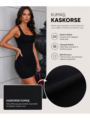 Öz Pamuk Kadın Günlük Soft Kare Yaka Kısa Kol Yazlık Fitilli Likralı Elbise